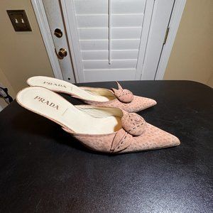 Prada eur 38 light brown suede pattenered mules  with rosette and pointy toe